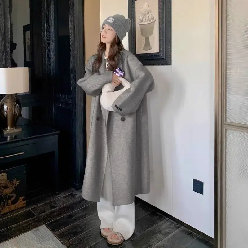 Plus Size Elegant Woolen Coat Women's Autumn Winter Korean Style Hepburn Long Over-Knee Outerwear Mid-Length Fashionable Ladi...