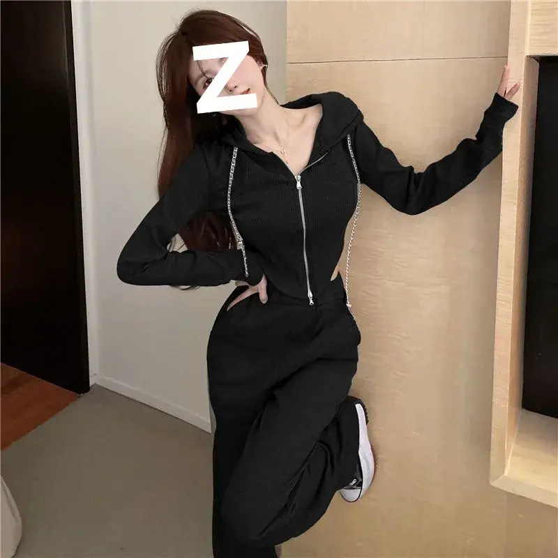 Women's Sporty Two-Piece Set Long Sleeve Open Cardigan High Waist Casual Wide Leg Pants Sweatshirt Style Spring Autumn New Arriv