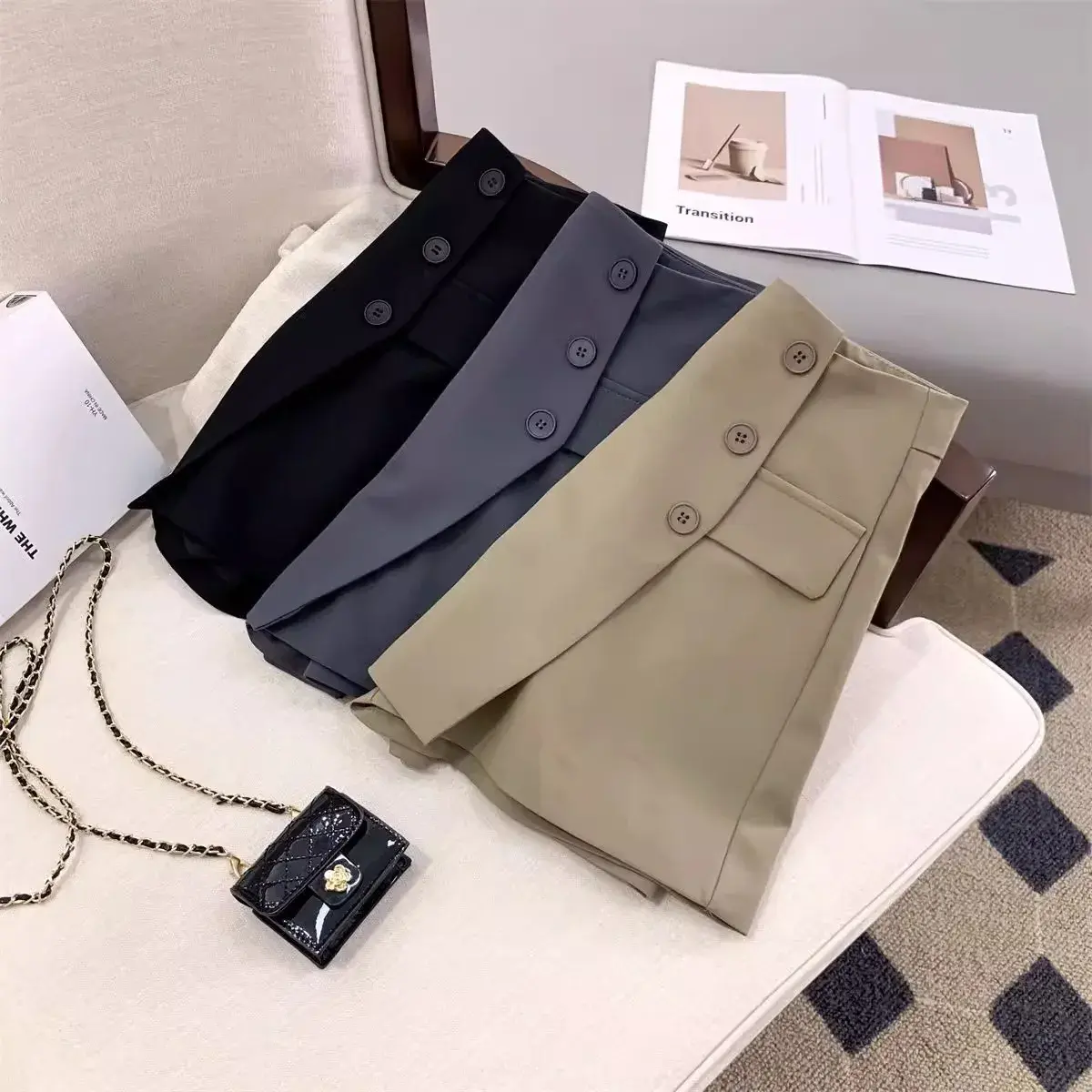 Fashionable Suit Skirt Pants Women's Short Shorts High Waist Versatile Front Skirt Back Pants Slim Wide Leg A- Line Pants