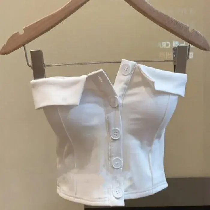 Slim Fit Single Button Vest Women's Style Spring Summer Sleeveless Shirt Crew Neck Sexy Design Short Length Regular Sleeve