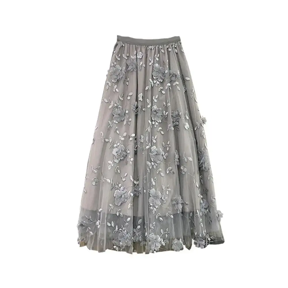 French Elegant Pink Embroidered Tulle Half Skirt Women's Summer High Waist Slimming Midi Skirt Quality Polyester Fiber