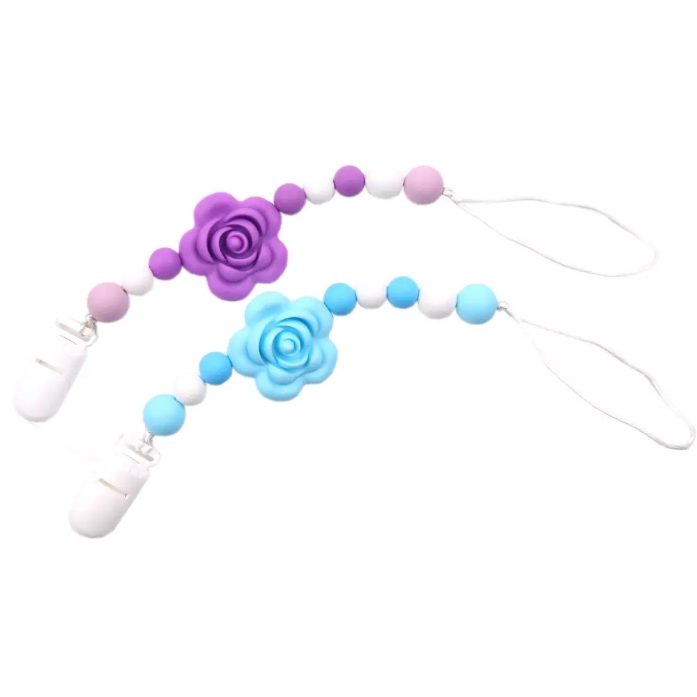 2Pcs Baby Pacifier Clip Set with Flower Shape, Silicone Beads Soother Holder, Anti - Drop Teether Chain, Pastel Colors