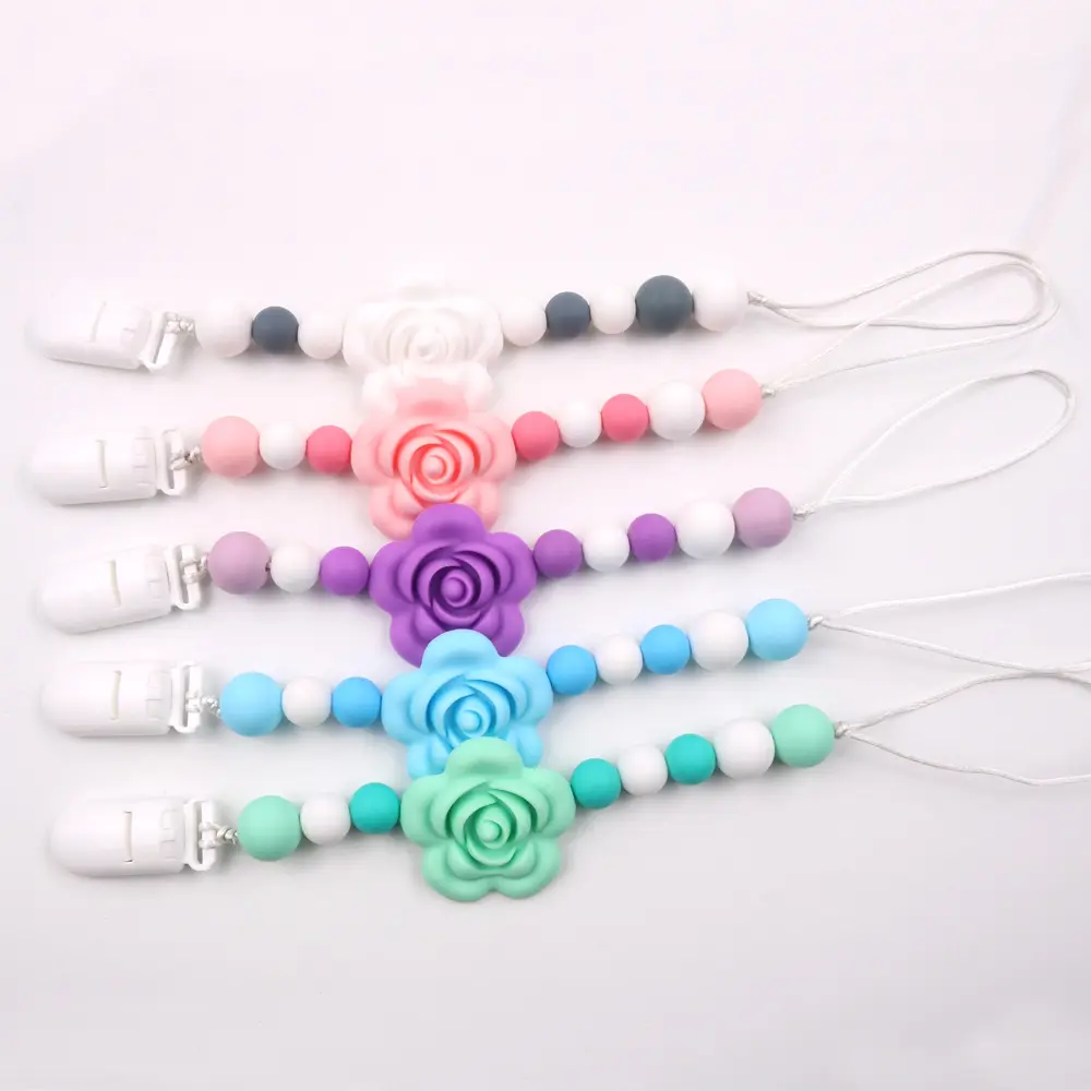 2Pcs Baby Pacifier Clip Set with Flower Shape, Silicone Beads Soother Holder, Anti - Drop Teether Chain, Pastel Colors