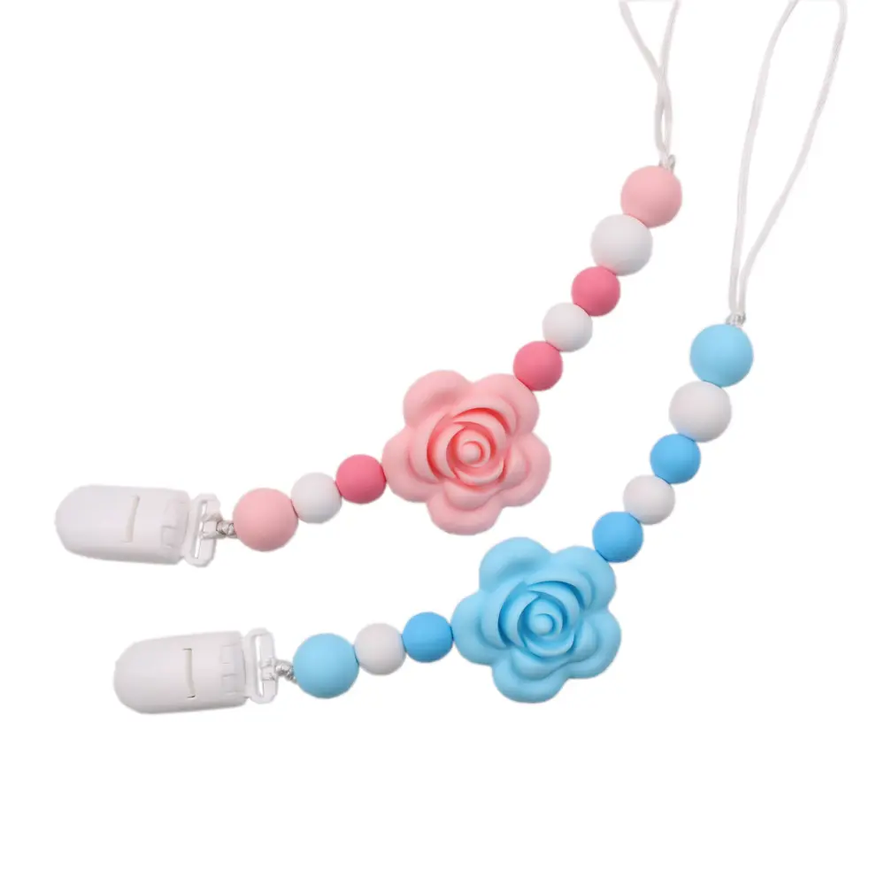 2Pcs Baby Pacifier Clip Set with Flower Shape, Silicone Beads Soother Holder, Anti - Drop Teether Chain, Pastel Colors