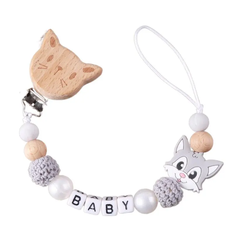 Cat Personalized Baby Pacifier Chain Beech Wood Animal Clip Custom Name Teether Pacifier Anti-Drop Molar Chain Baby Toy