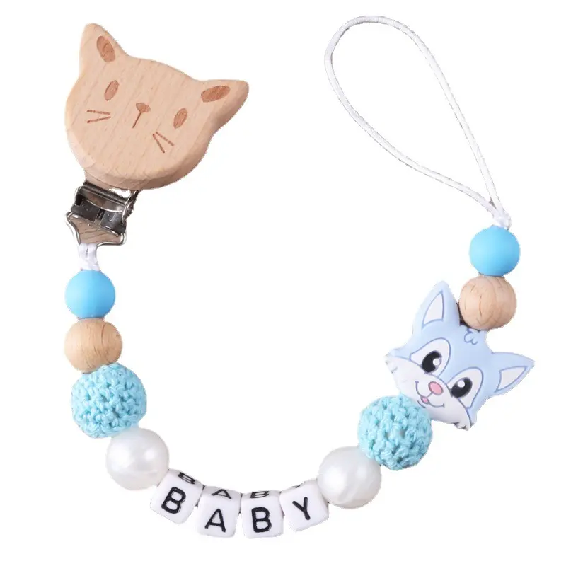 Cat Personalized Baby Pacifier Chain Beech Wood Animal Clip Custom Name Teether Pacifier Anti-Drop Molar Chain Baby Toy