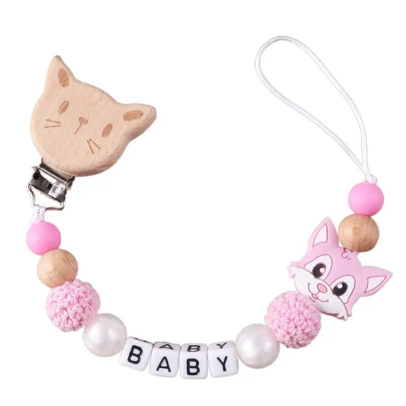 Cat Personalized Baby Pacifier Chain Beech Wood Animal Clip Custom Name Teether Pacifier Anti-Drop Molar Chain Baby Toy