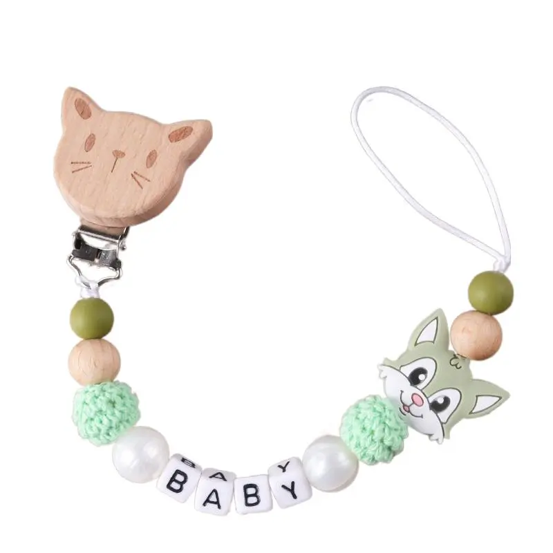 Cat Personalized Baby Pacifier Chain Beech Wood Animal Clip Custom Name Teether Pacifier Anti-Drop Molar Chain Baby Toy
