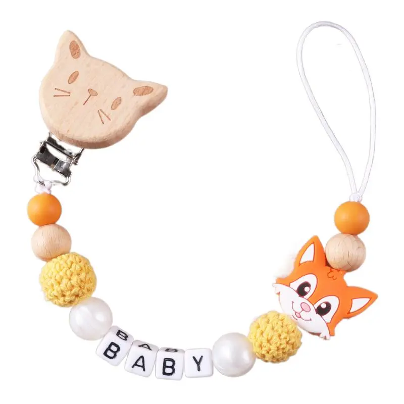 Cat Personalized Baby Pacifier Chain Beech Wood Animal Clip Custom Name Teether Pacifier Anti-Drop Molar Chain Baby Toy