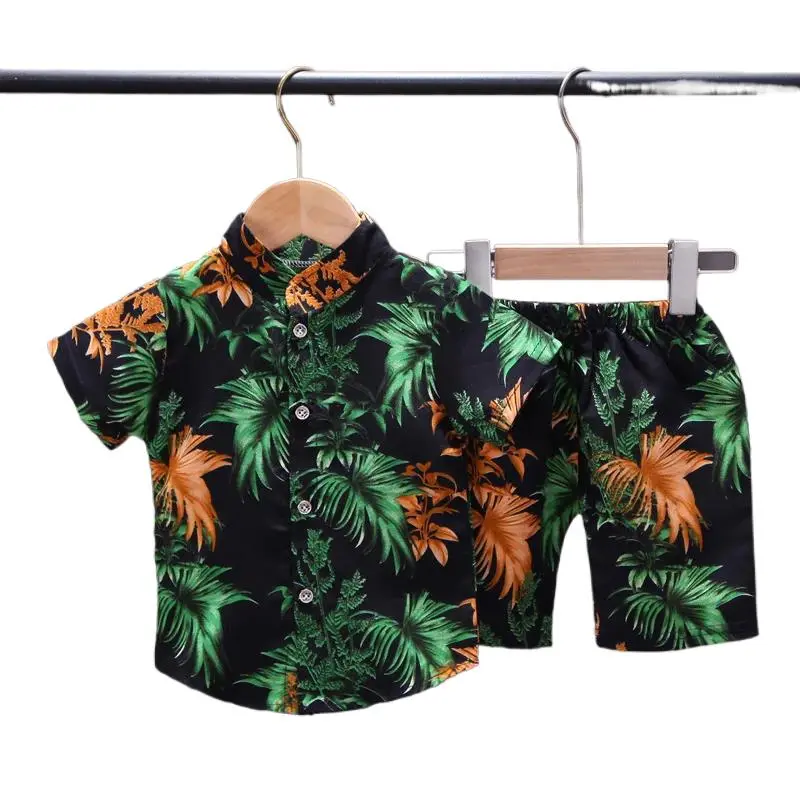 2Pcs Boys' Summer Short Sleeve Shirt and Shorts Set Tropical Leaf Print, Stylish & Comfortable Kids Outfit