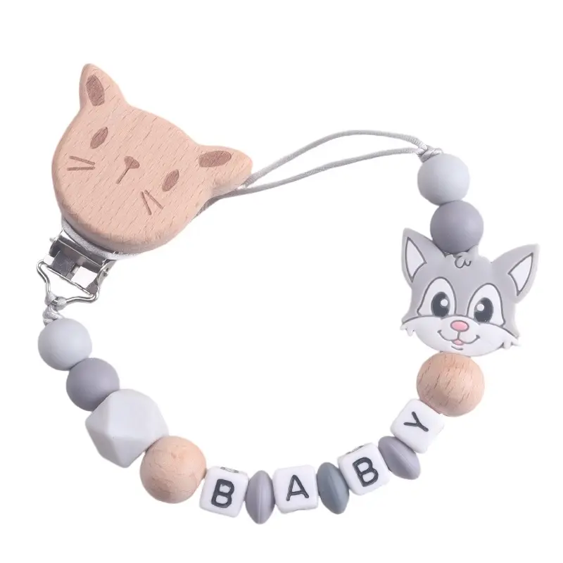 Custom Personalized Name Cute Wooden Cat Pacifier Clip, Fox Silicone Charm, Alphabet Beaded Teething Chain for Babies
