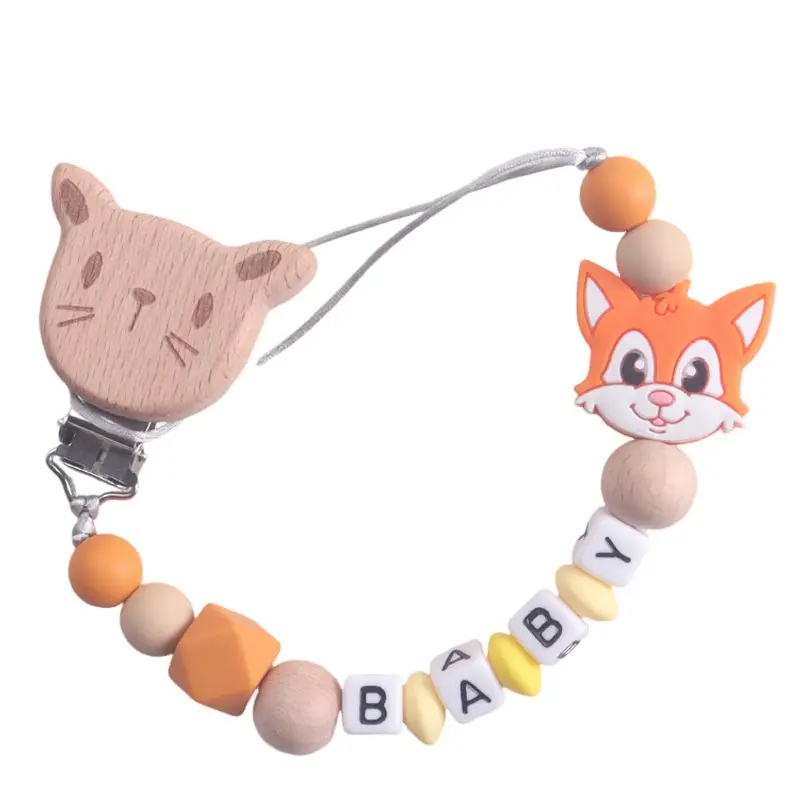 Custom Personalized Name Cute Wooden Cat Pacifier Clip, Fox Silicone Charm, Alphabet Beaded Teething Chain for Babies