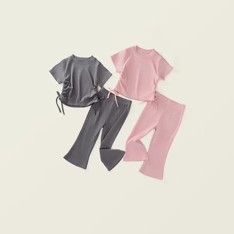 Girl's Summer Sets Children's Short-Sleeved Suit Kids Solid T-Shirt Flared Trousers Two-Piece 2025 New Casual Sweet Outfit