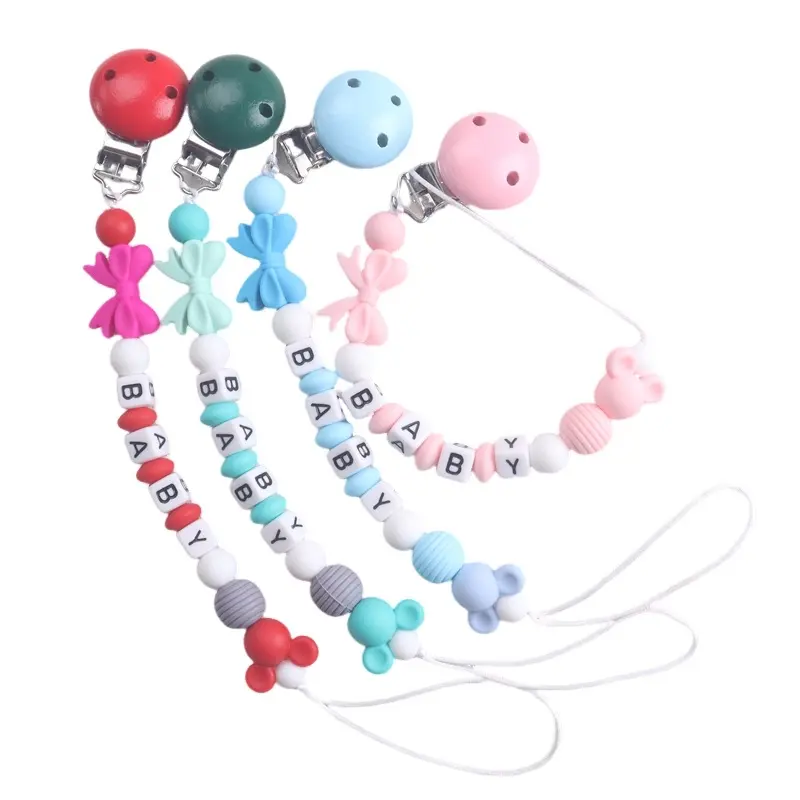 Personalised Name Baby Pacifier Clip with Mouse & Bow Design, Alphabet Beads, Anti - Drop Soother Holder