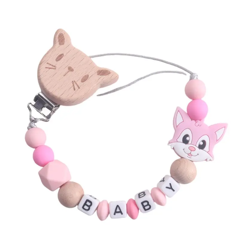 Custom Personalized Name Cute Wooden Cat Pacifier Clip, Fox Silicone Charm, Alphabet Beaded Teething Chain for Babies