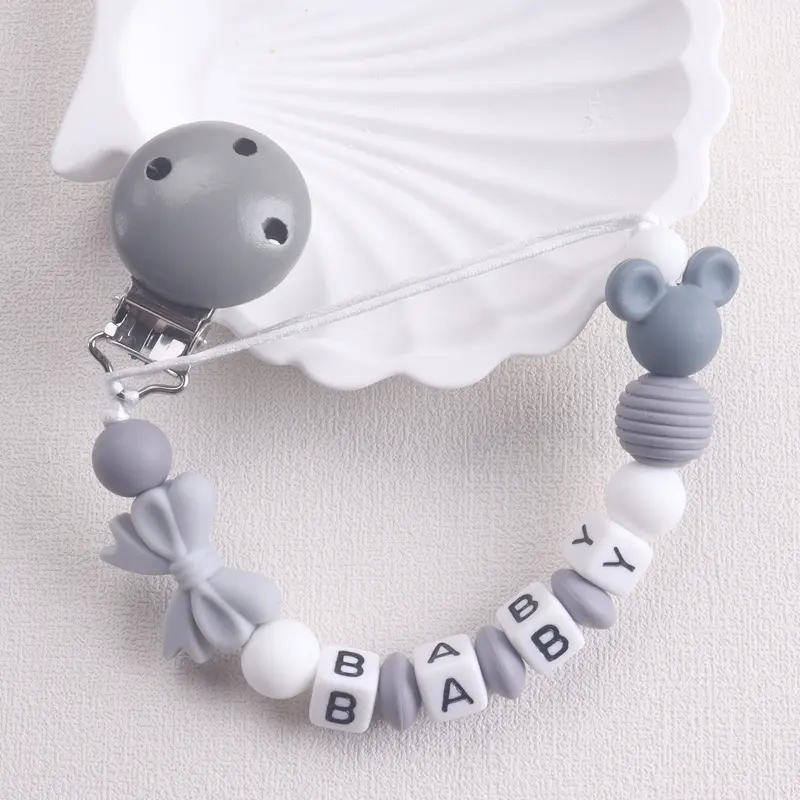 Personalised Name Baby Pacifier Clip with Mouse & Bow Design, Alphabet Beads, Anti - Drop Soother Holder