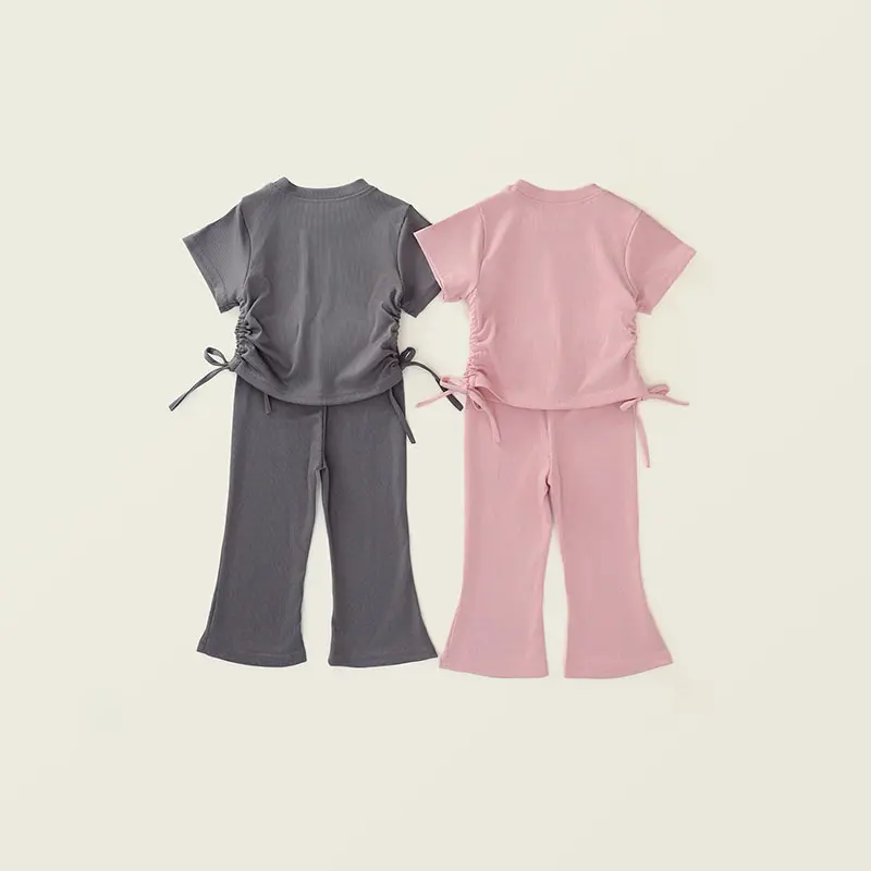 Girl's Summer Sets Children's Short-Sleeved Suit Kids Solid T-Shirt Flared Trousers Two-Piece 2025 New Casual Sweet Outfit