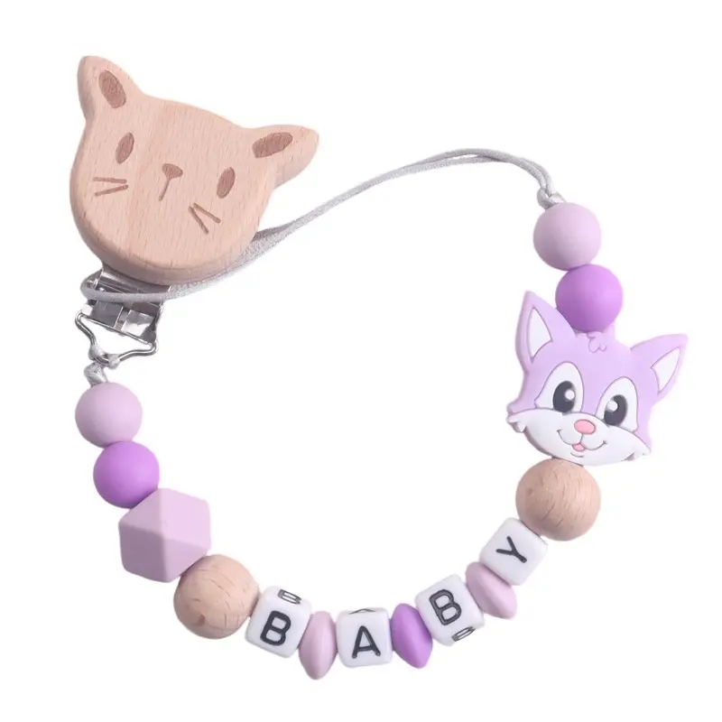 Custom Personalized Name Cute Wooden Cat Pacifier Clip, Fox Silicone Charm, Alphabet Beaded Teething Chain for Babies