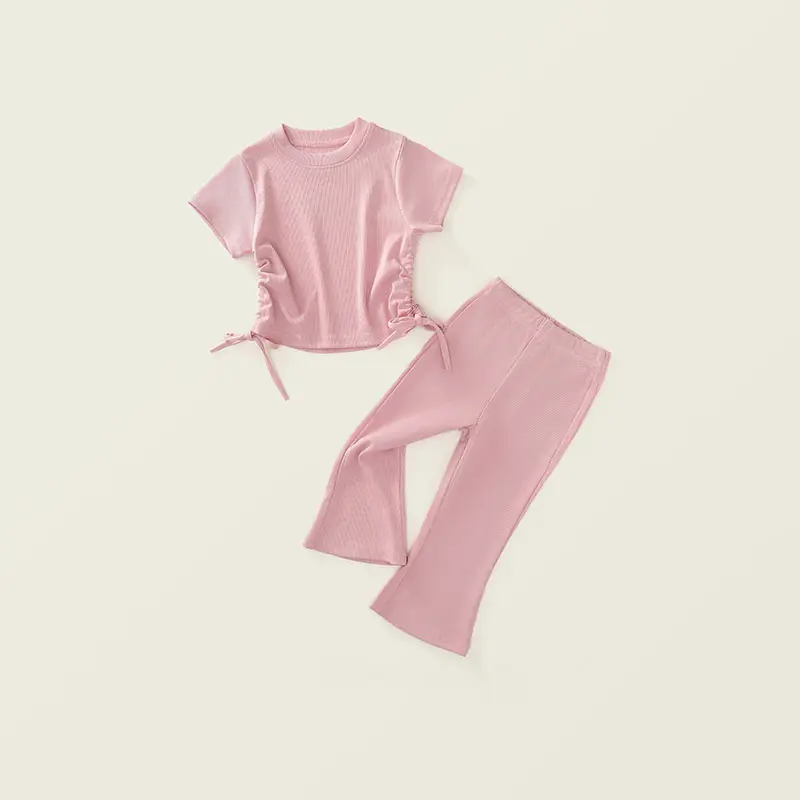 Girl's Summer Sets Children's Short-Sleeved Suit Kids Solid T-Shirt Flared Trousers Two-Piece 2025 New Casual Sweet Outfit