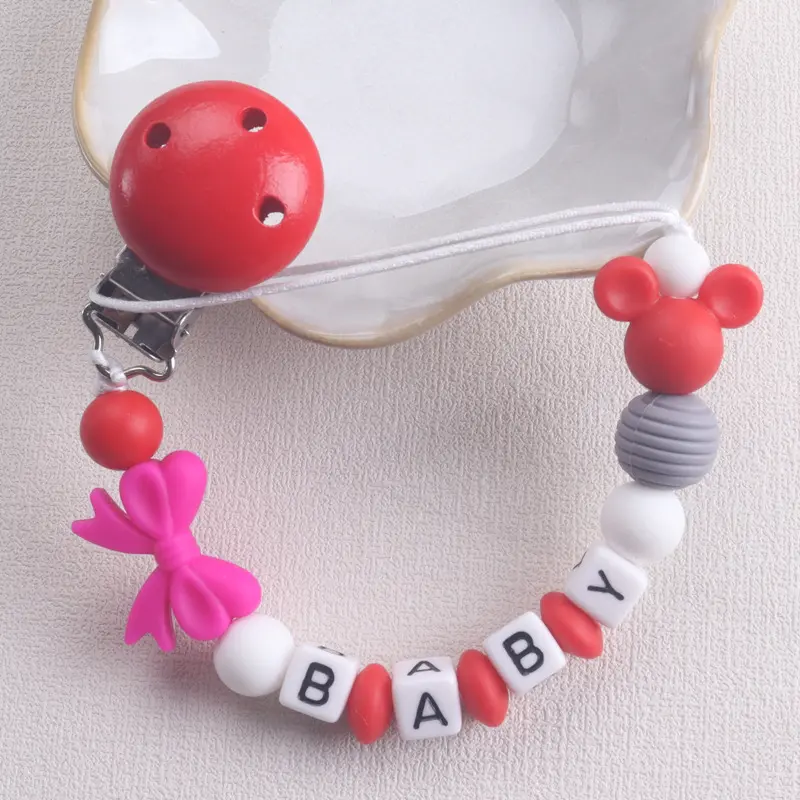 Personalised Name Baby Pacifier Clip with Mouse & Bow Design, Alphabet Beads, Anti - Drop Soother Holder