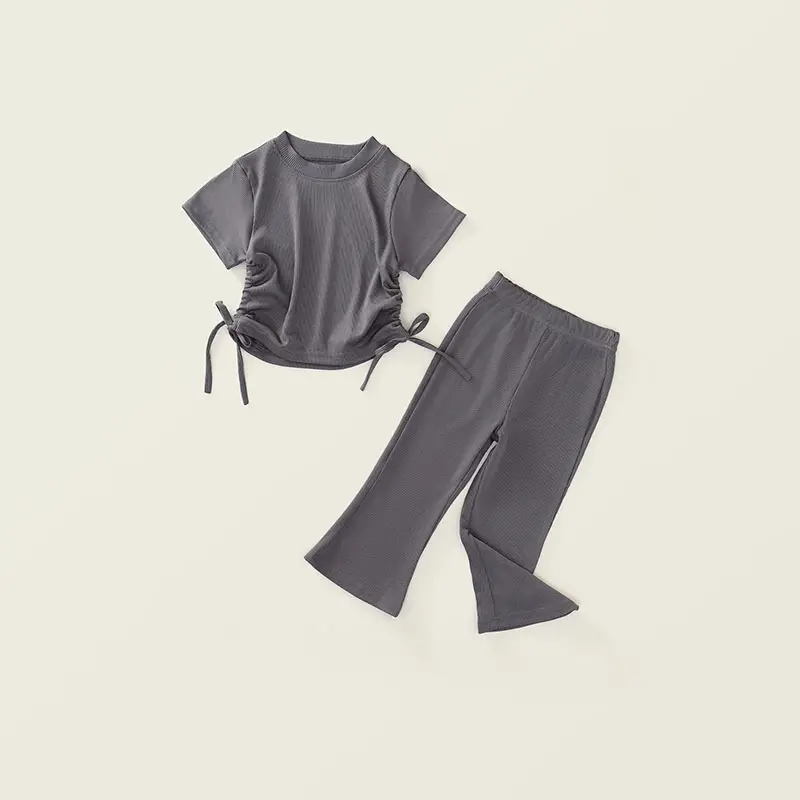 Girl's Summer Sets Children's Short-Sleeved Suit Kids Solid T-Shirt Flared Trousers Two-Piece 2025 New Casual Sweet Outfit