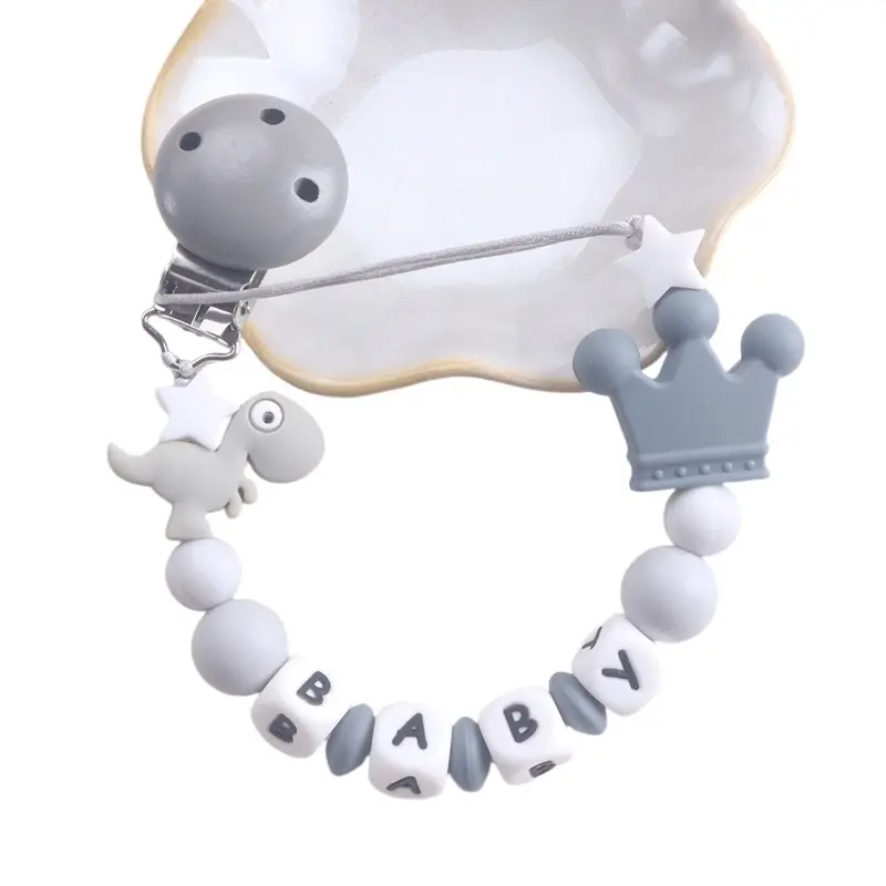 Personalized Silicone Name Baby Pacifier Clip with Dinosaur & Crown Charm, Alphabet Beads, Anti - Drop Design