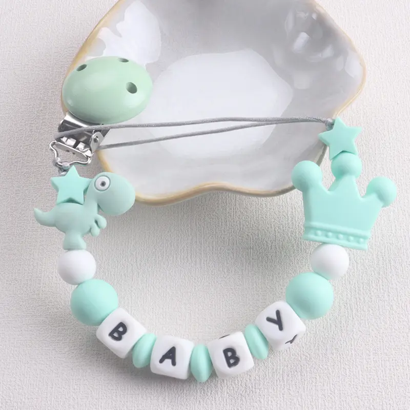 Personalized Silicone Name Baby Pacifier Clip with Dinosaur & Crown Charm, Alphabet Beads, Anti - Drop Design