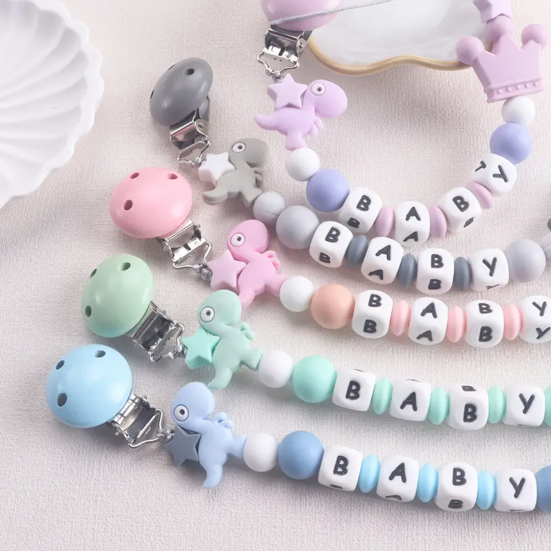 Personalized Silicone Name Baby Pacifier Clip with Dinosaur & Crown Charm, Alphabet Beads, Anti - Drop Design