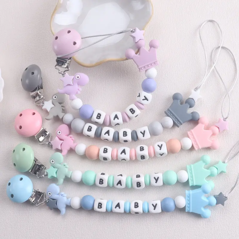 Personalized Silicone Name Baby Pacifier Clip with Dinosaur & Crown Charm, Alphabet Beads, Anti - Drop Design