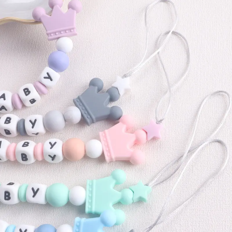 Personalized Silicone Name Baby Pacifier Clip with Dinosaur & Crown Charm, Alphabet Beads, Anti - Drop Design