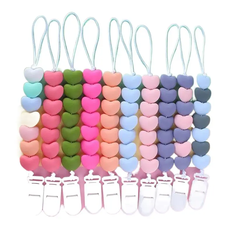 White Pacifier Clips Silicone Heart Beads DIY Dummy Holder Baby Teething Toys
