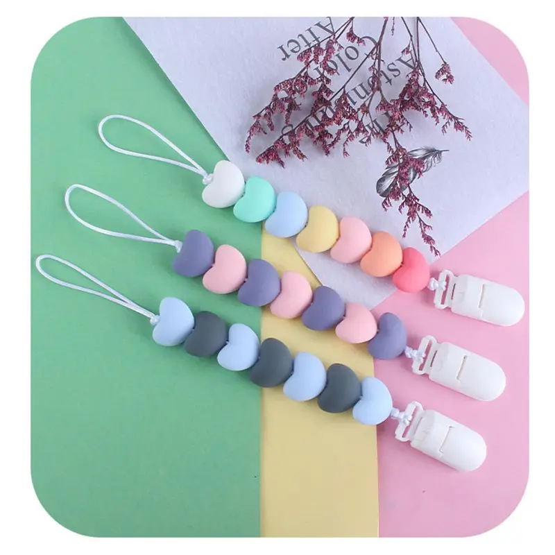White Pacifier Clips Silicone Heart Beads DIY Dummy Holder Baby Teething Toys