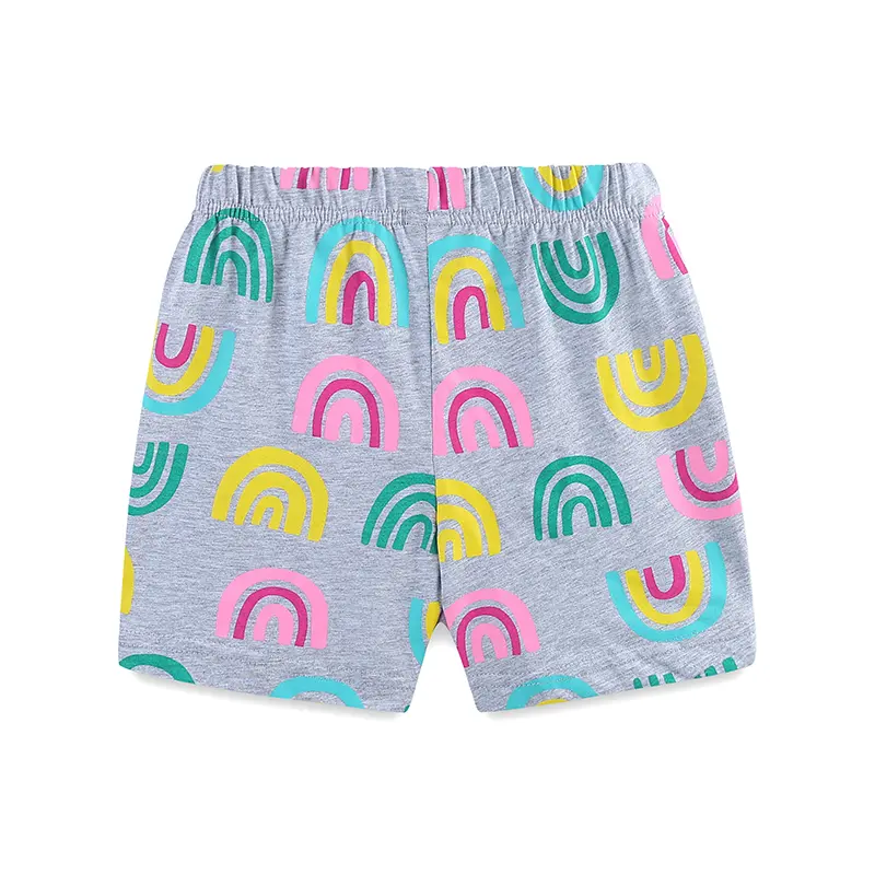 2Pcs Sunny Yellow Short Sleeve Kids' T shirt with Dinosaur & Rainbow Print, Paired with Gray Shorts featuring Rainbow Patterns