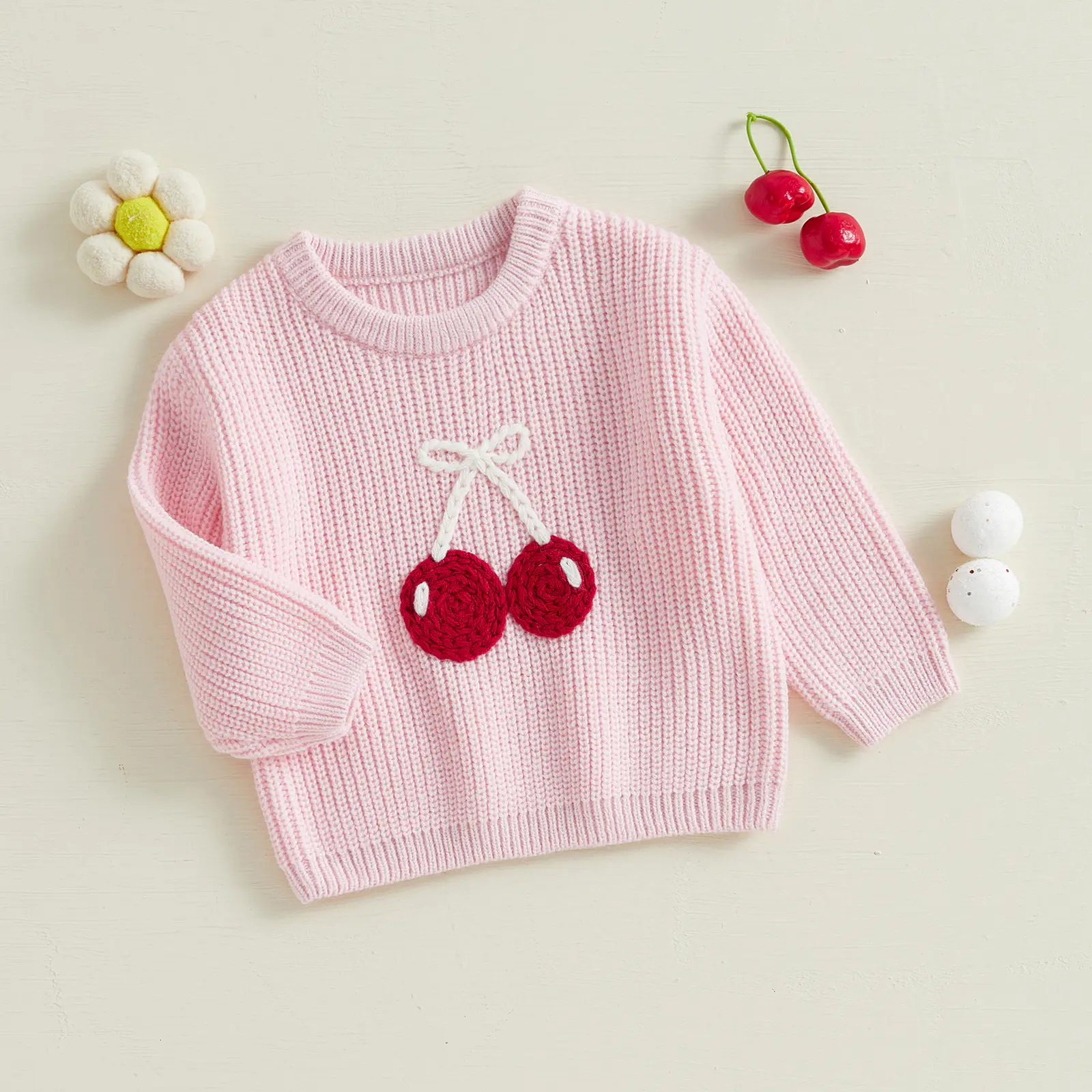0-5Y Little Kids Girls Sweater Fruit Embroidery Crew Neck Long Sleeve Pullovers Fall Winter Casual Tops