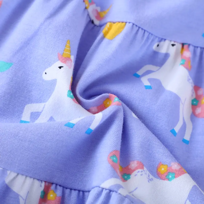 Girls' Light Purple Sleeveless Dress - with Ruffled Sleeves and All - over Unicorn, Pineapple, Bee and Rainbow Print 2-7 Years