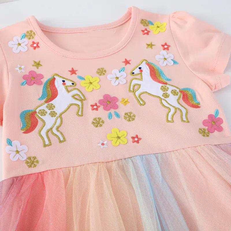 Girls' Pink Short - Sleeve Dress - with Unicorn Embroidery and Ombre Tulle Skirt - Suitable for Ages 2-7y