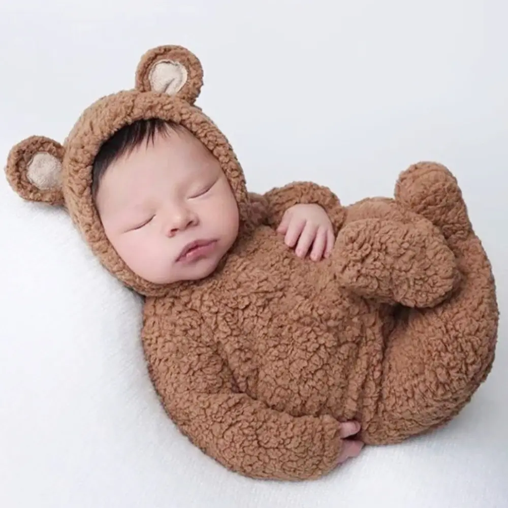 Newborn Photography Clothing Soft Plush Cartoon Bear Ear Hat and Footed Romper Costumes Sets Studio Baby Photoshoot Outfits