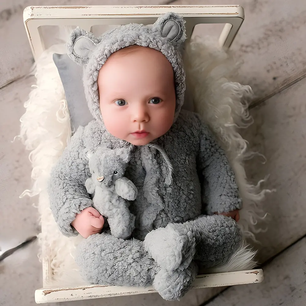 Newborn Photography Clothing Soft Plush Cartoon Bear Ear Hat and Footed Romper Costumes Sets Studio Baby Photoshoot Outfits