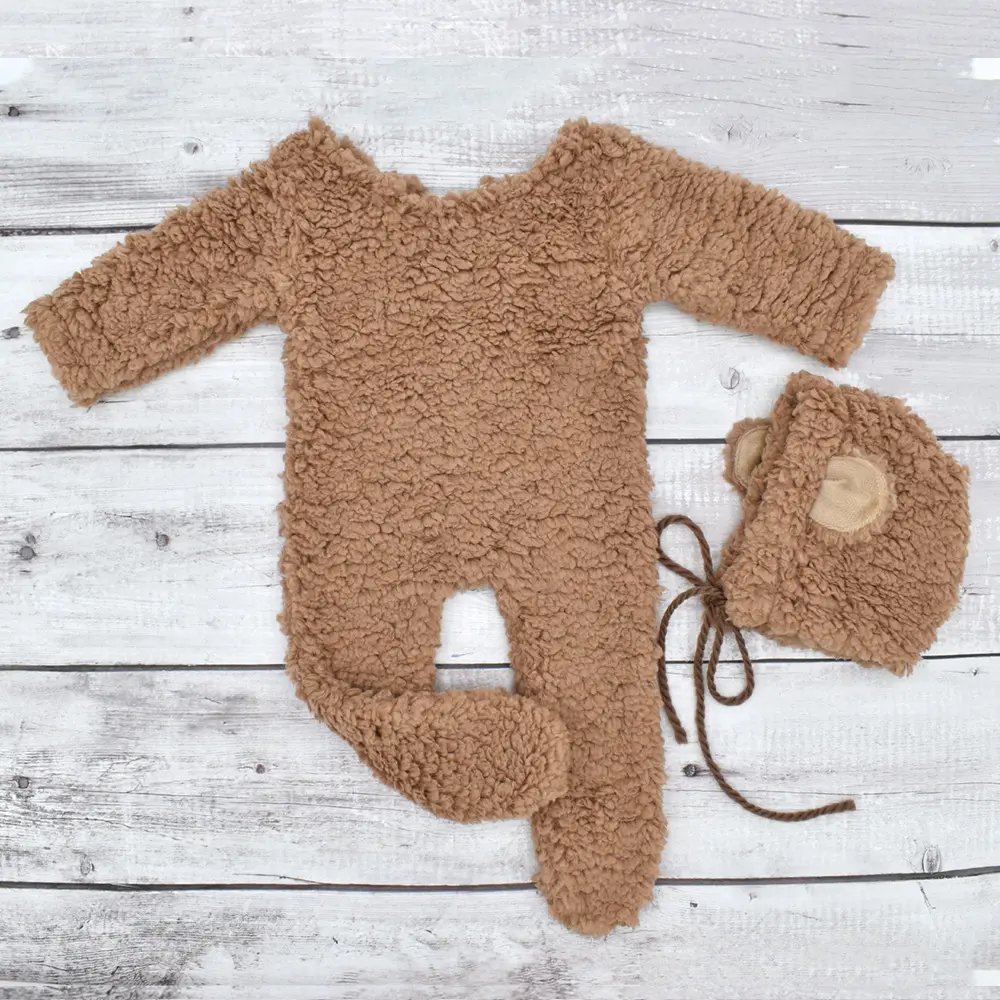 Newborn Photography Clothing Soft Plush Cartoon Bear Ear Hat and Footed Romper Costumes Sets Studio Baby Photoshoot Outfits
