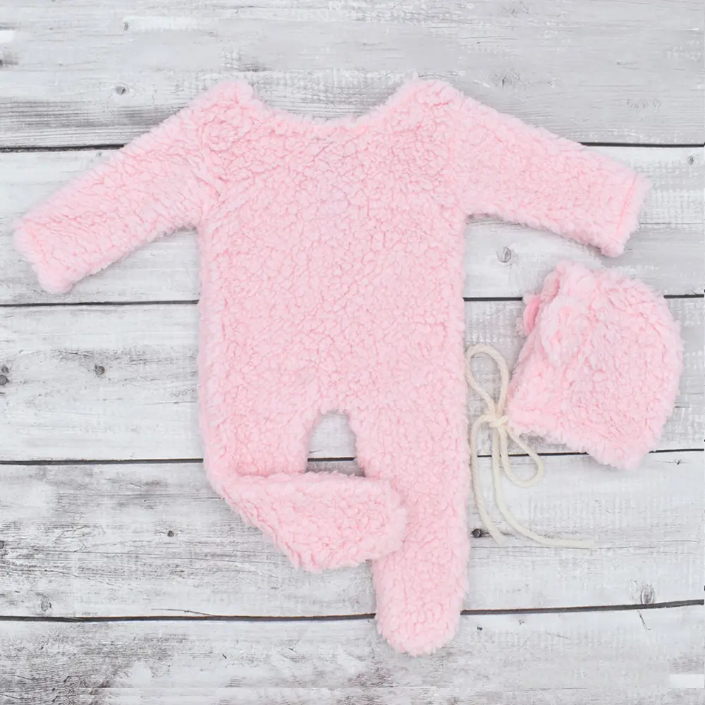 Newborn Photography Clothing Soft Plush Cartoon Bear Ear Hat and Footed Romper Costumes Sets Studio Baby Photoshoot Outfits