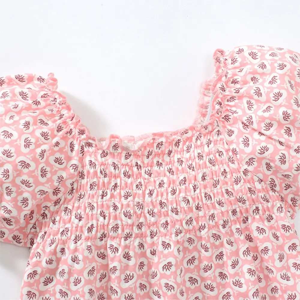 Girls' Pink Blue Short - Sleeve Smocked Top - with Delicate Leaf Print - Suitable for Ages 2-7y