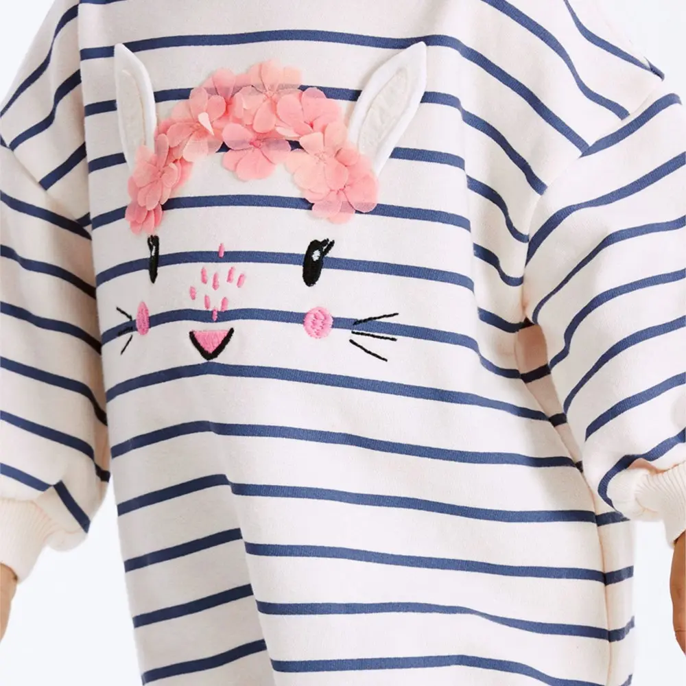 2Pcs Girls' Striped Long Sleeve Sweater & Legging Set Adorable Bunny Face with Flower Crown Design