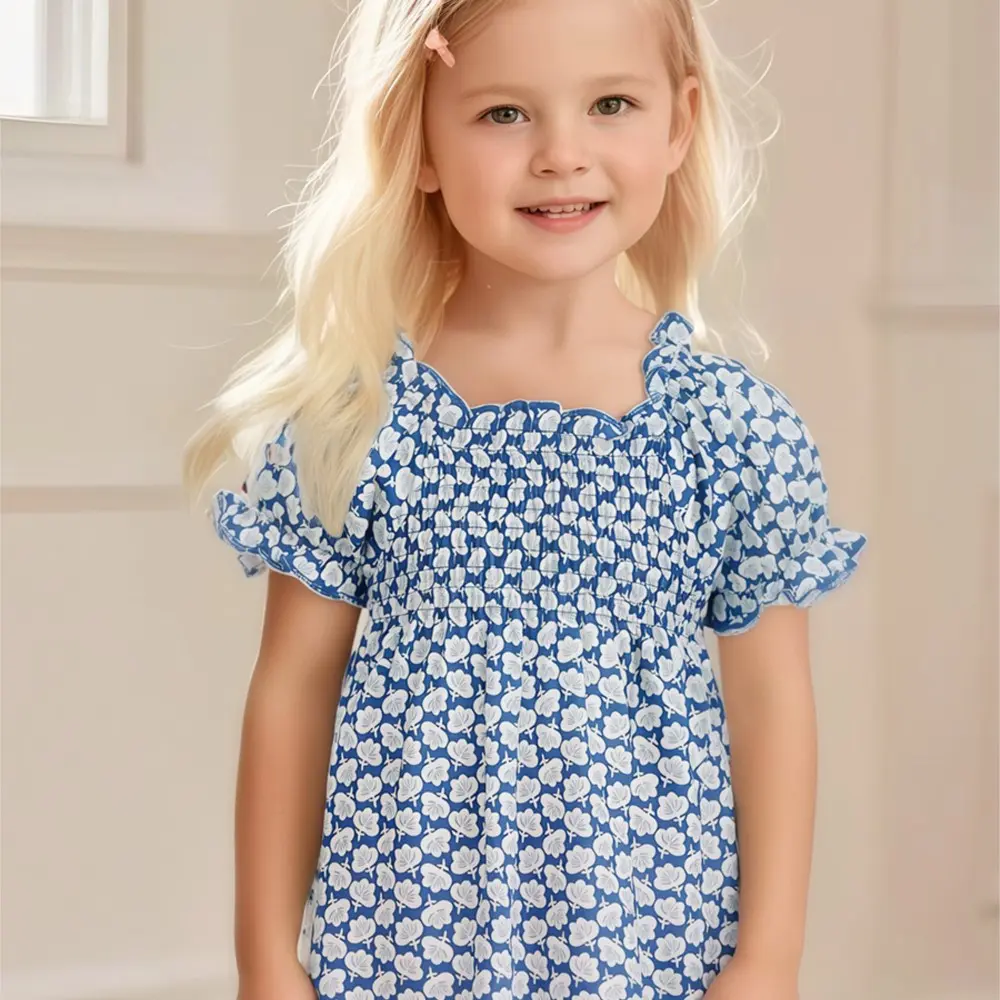 Girls' Pink Blue Short - Sleeve Smocked Top - with Delicate Leaf Print - Suitable for Ages 2-7y