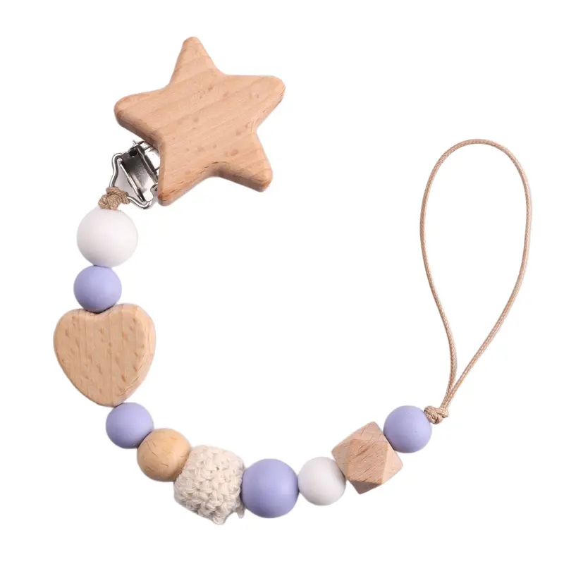 Baby Pacifier Chain Wood Star Clips Pentagram Teether Silicone Crochet Round Beads Teething Chain For Care Soother Chew Toys