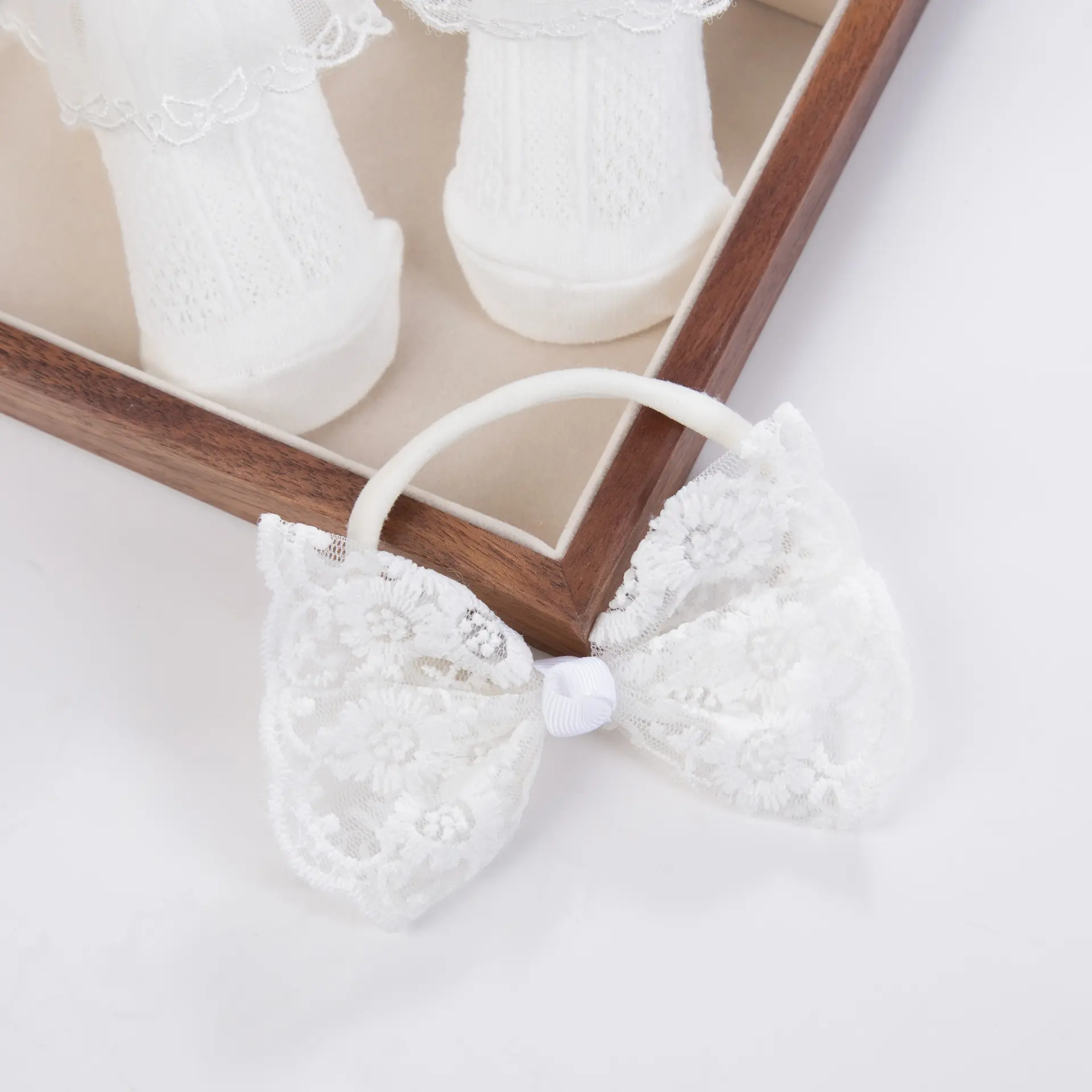 Ins White Chiffon Flower Headbands with Cotton Socks for Baby Girls Boutique Flower Anti-Slip Short Cotton 0-12M Sock