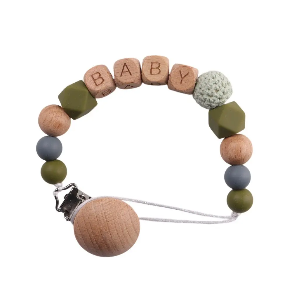 Baby Pacifier Clip, Silicone & Wood Beads Soother Holder, Personalized Name Teether Chain, Baby Shower Gift