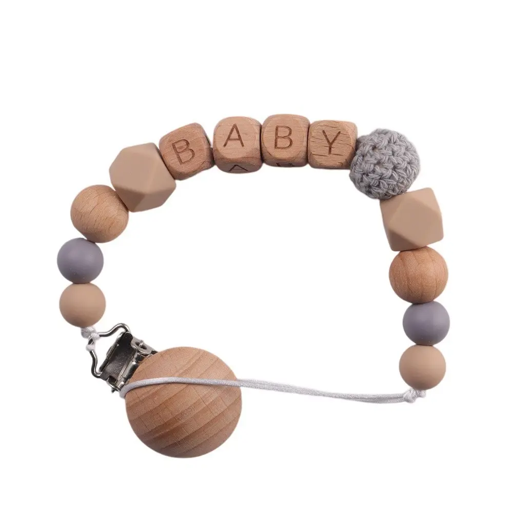 Baby Pacifier Clip, Silicone & Wood Beads Soother Holder, Personalized Name Teether Chain, Baby Shower Gift