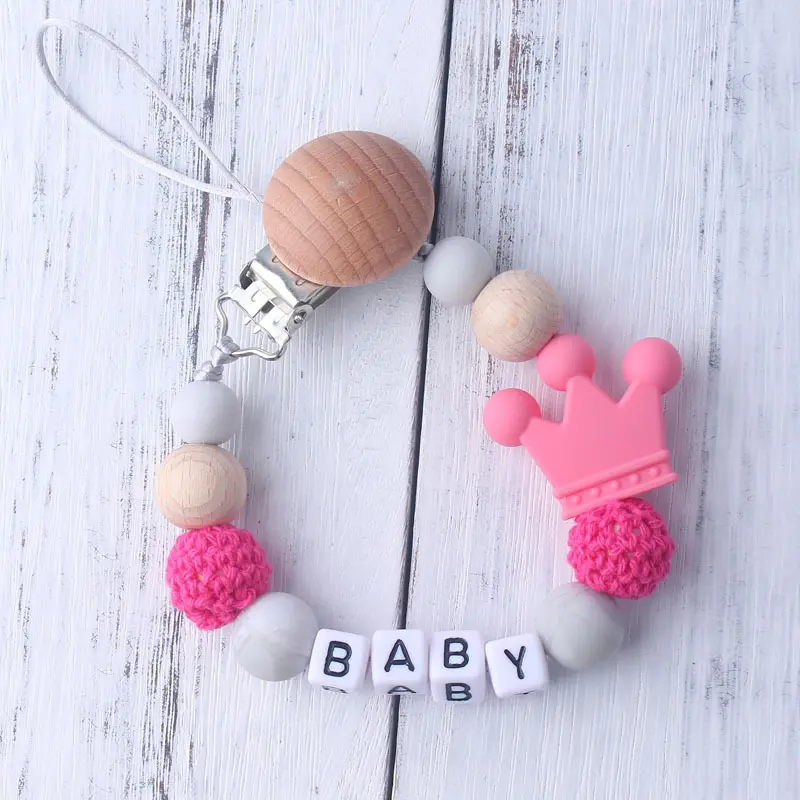 Personalized Name 1pcs Pink Pacifier Clips Crochet Beads Silicone Crown Dummy Chain Holder Baby Shower Gift