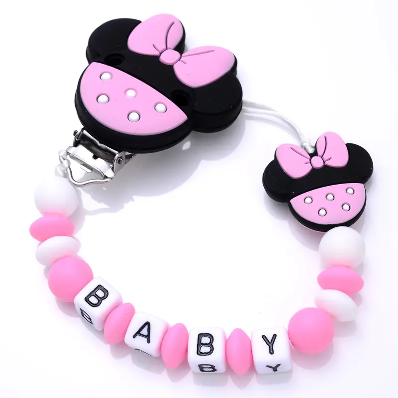 Custom English Silicone Letter Name Baby Bear Silicone Beads Pendant Pacifier Clips Chains Teether Baby Kawaii Toy Gifts