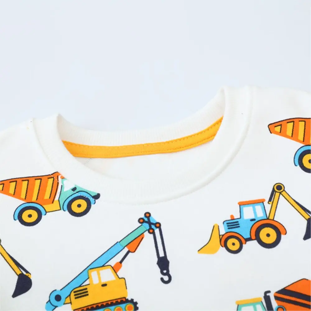 Spring Autumn Tops Children's Clothing Adorable Toddler Boy Pullover White Color with Colorful Construction Equipment Graphics